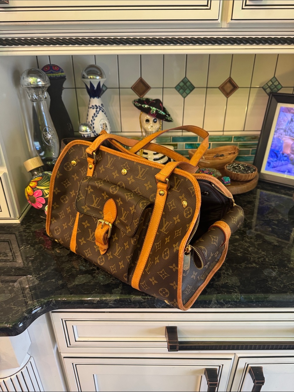 Authentic Louis Vuitton Brown Monogram Canvas Pet Satchel with Tan Leather Trim